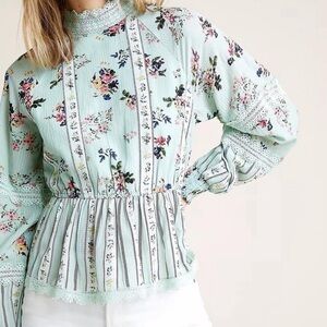 Hemant and Nandita for Anthropologie Floral Green Aqua Long Sleeve Top XS